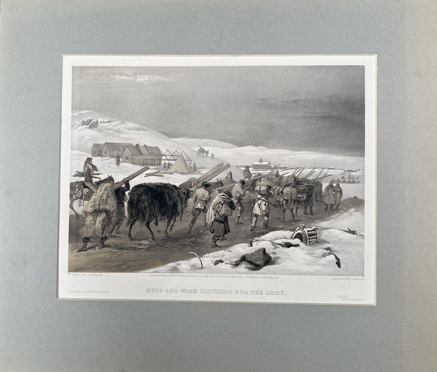 1855 VICTORIAN PRINT COLNAGHI WILLIAM SIMPSON "HUTS AND WARM CLOTHING" CRIMEAN