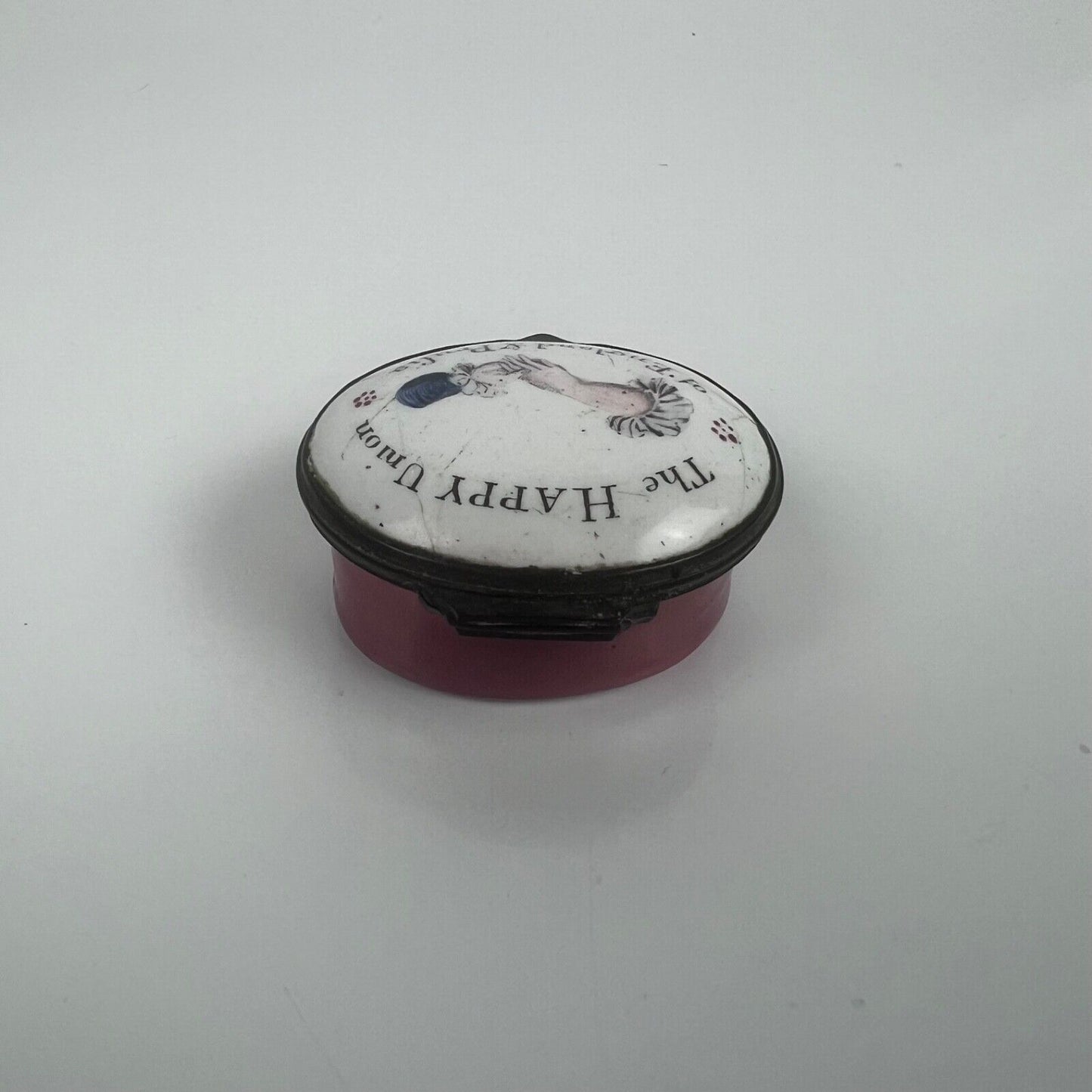 A rare Bilston enamel patch box celebrating the Anglo-Prussian Union. c.1788