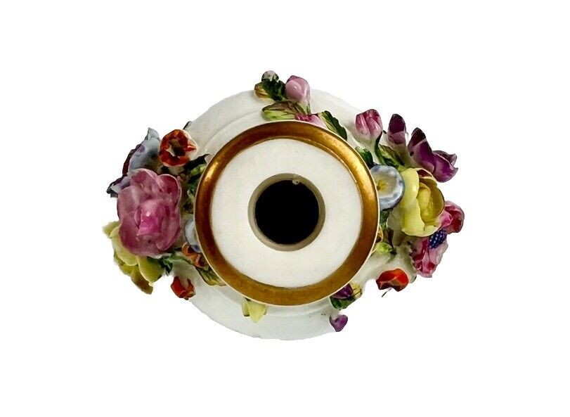 Rockingham porcelain flower encrusted tapered scent bottle. Puce Mark. c.1831-7