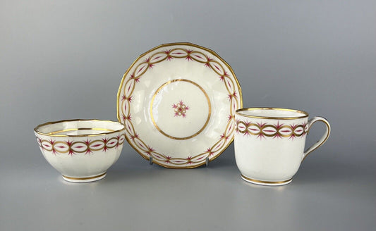 A New Hall true trio (coffee cup, tea bowl and saucer) c.1795. Pattern 89