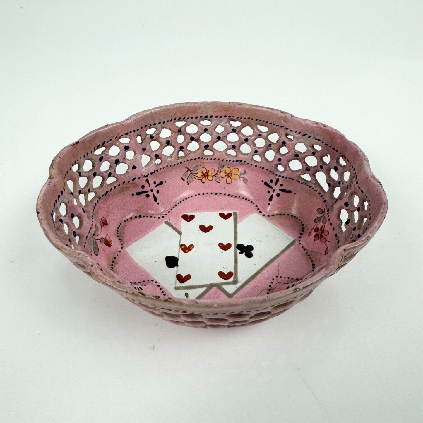 A Bilston lattice edge enamel quadrille/gaming dish c.1780