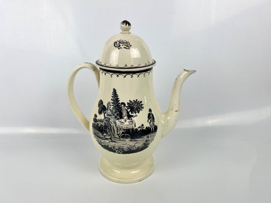 A very tall pearlware "Tea Party" pattern coffee pot c 1790. Prpbably Staffs.