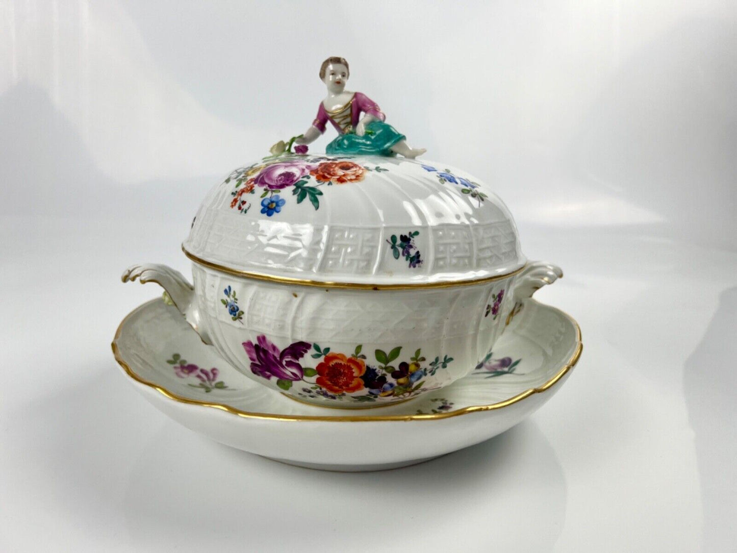 A Meissen Academic Dot Period figural and asparagus handled moulded tureen c1770