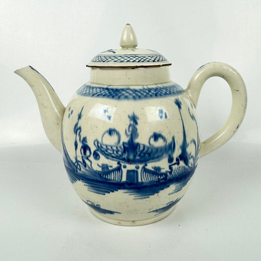 A Staffordshire c1790 hand-painted with a chinoiserie scene pearlware teapot.