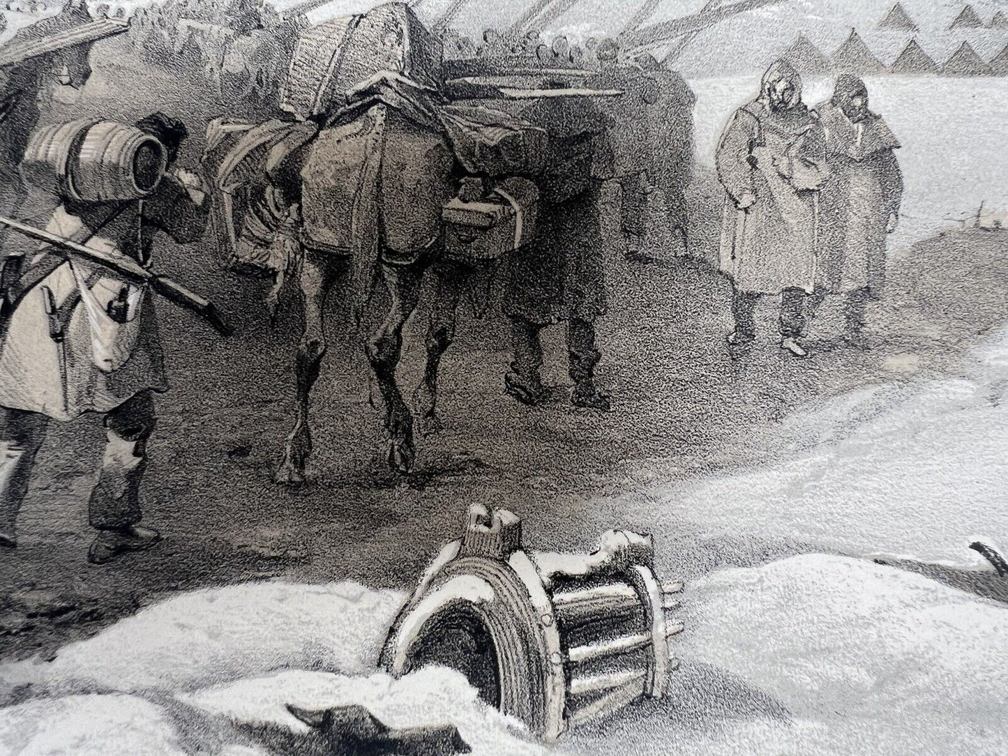 1855 VICTORIAN PRINT COLNAGHI WILLIAM SIMPSON "HUTS AND WARM CLOTHING" CRIMEAN