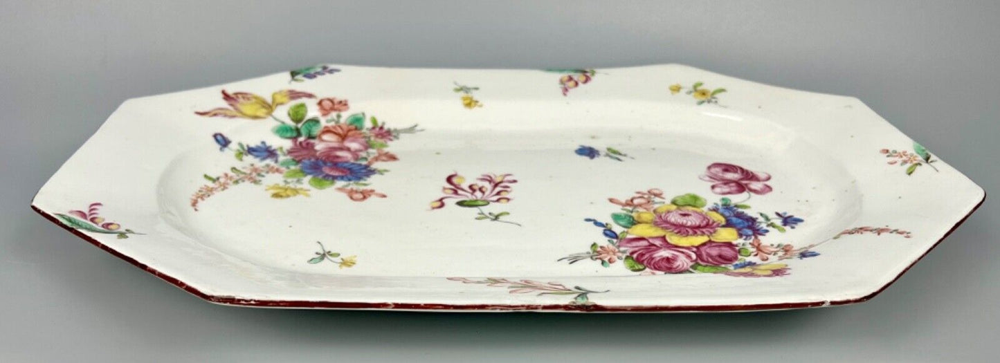 A superb & large Bow platter c.1758 painted with large flower sprays & brown rim