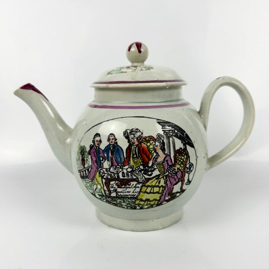 A Staffordshire c1790 " Prodigal Son" pearlware globular teapot.