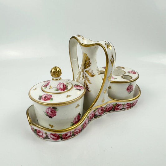 A fine Bloor Derby inkset painted with Billingsley style roses c1820