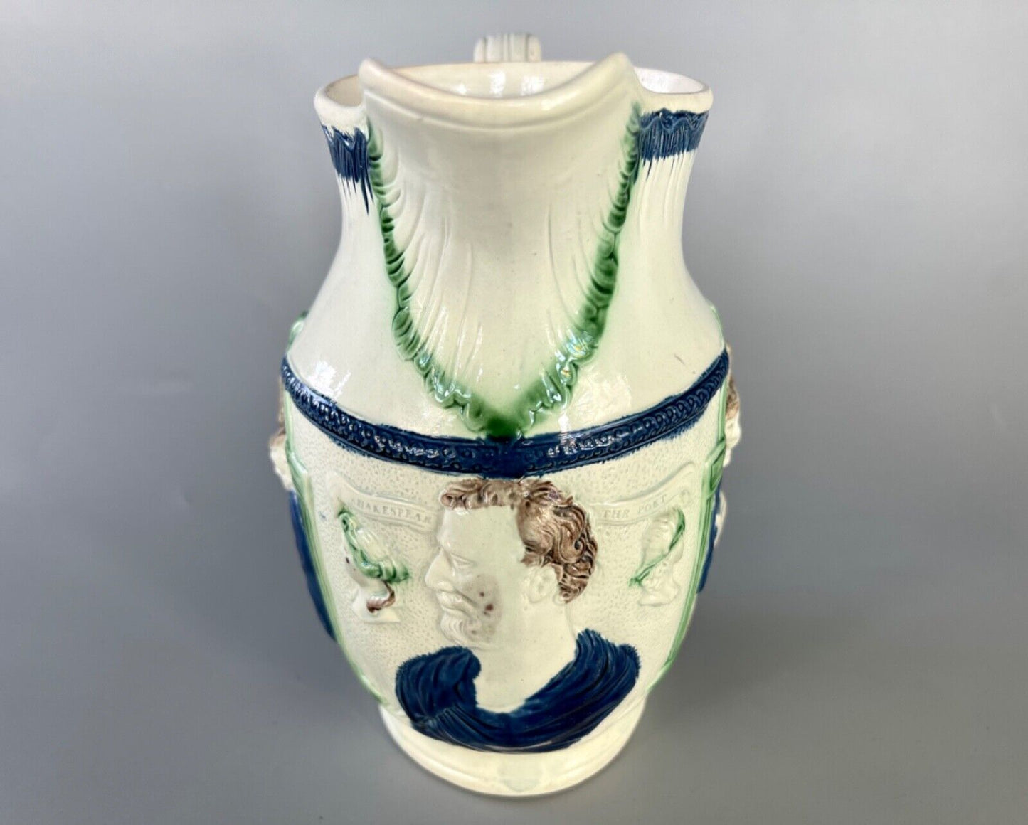 A c1790 Shakespear-Miser-Spendthrift jug in high temperature 'Pratt' colours